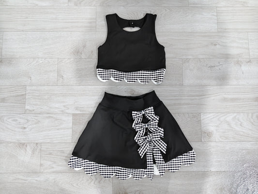 Sleeveless black plaid scallop girls summer active wear set