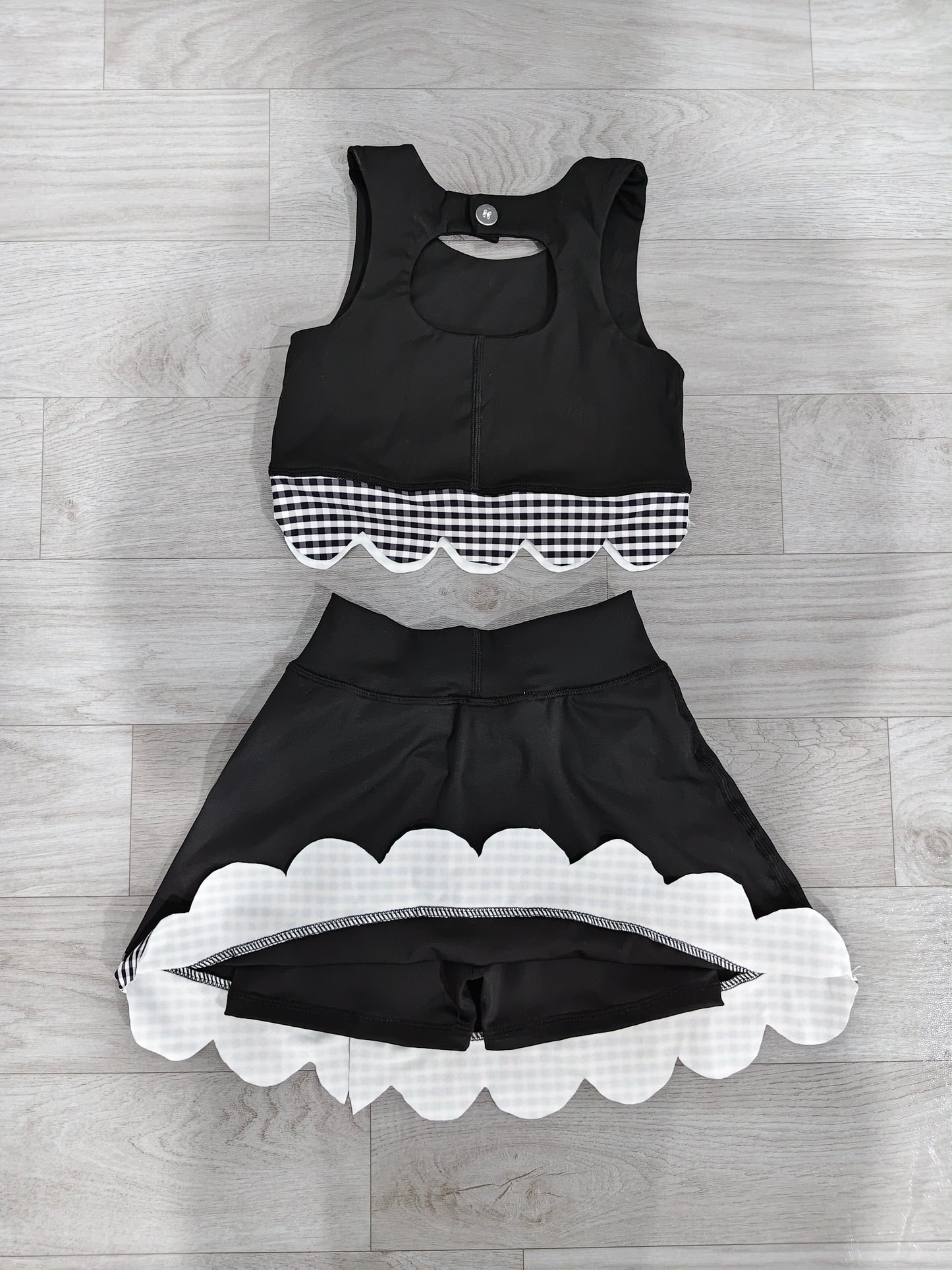Sleeveless black plaid scallop girls summer active wear set