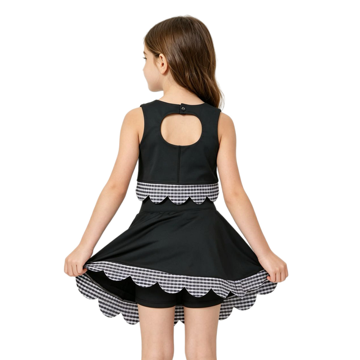 Sleeveless black plaid scallop girls summer active wear set