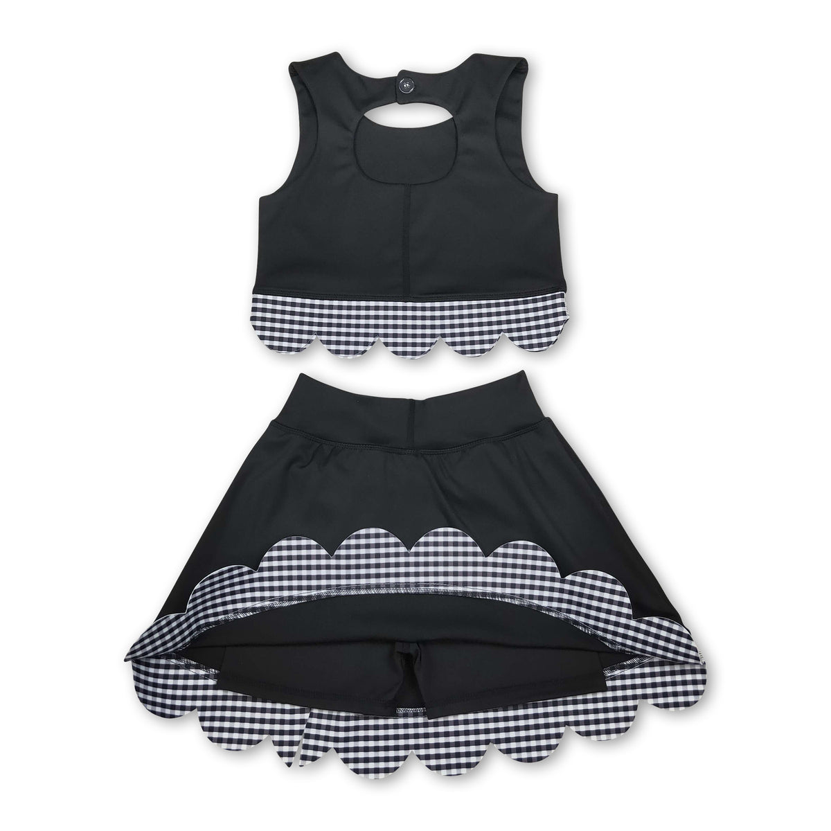 Sleeveless black plaid scallop girls summer active wear set