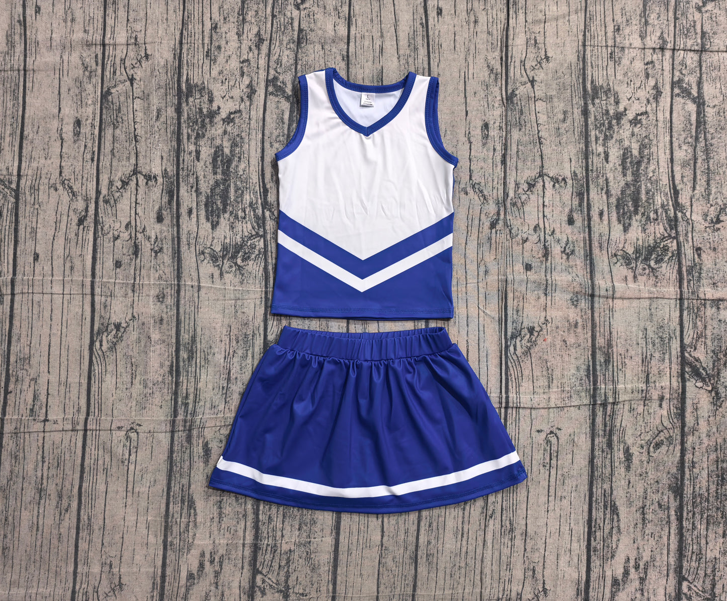 Sleeveless white blue top skirt girls team cheer active set