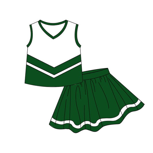 Sleeveless white green top skirt girls team cheer active set