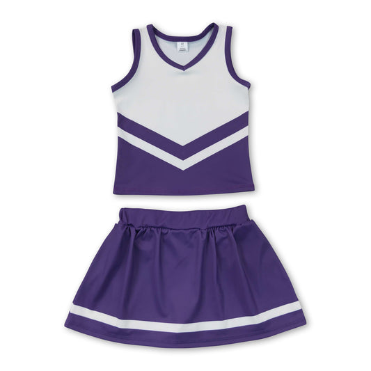Sleeveless white purple top skirt girls team cheer active set