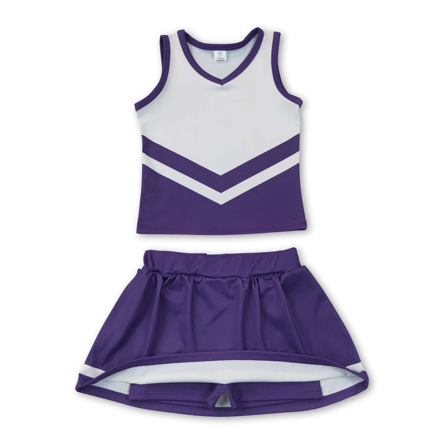 Sleeveless white purple top skirt girls team cheer active set