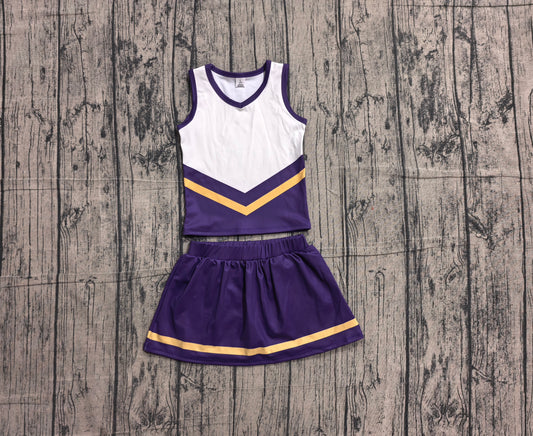 Sleeveless gold purple top skirt girls team cheer active set