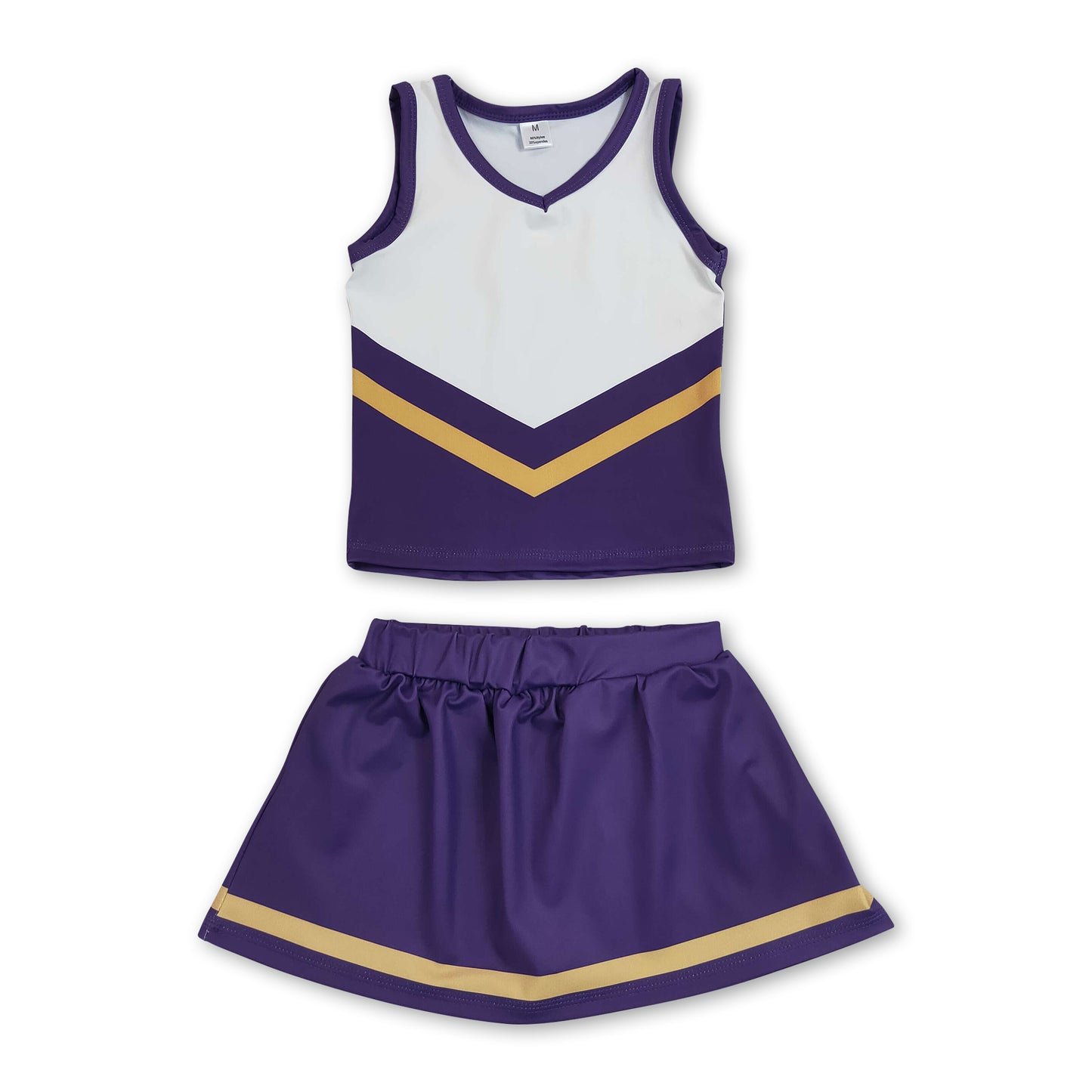 Sleeveless gold purple top skirt girls team cheer active set