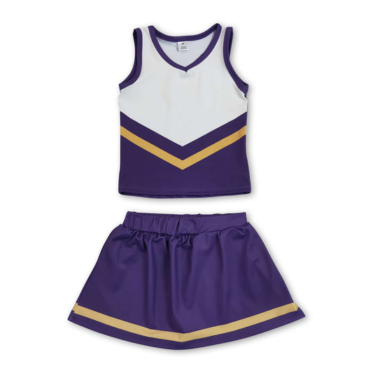 Sleeveless gold purple top skirt girls team cheer active set