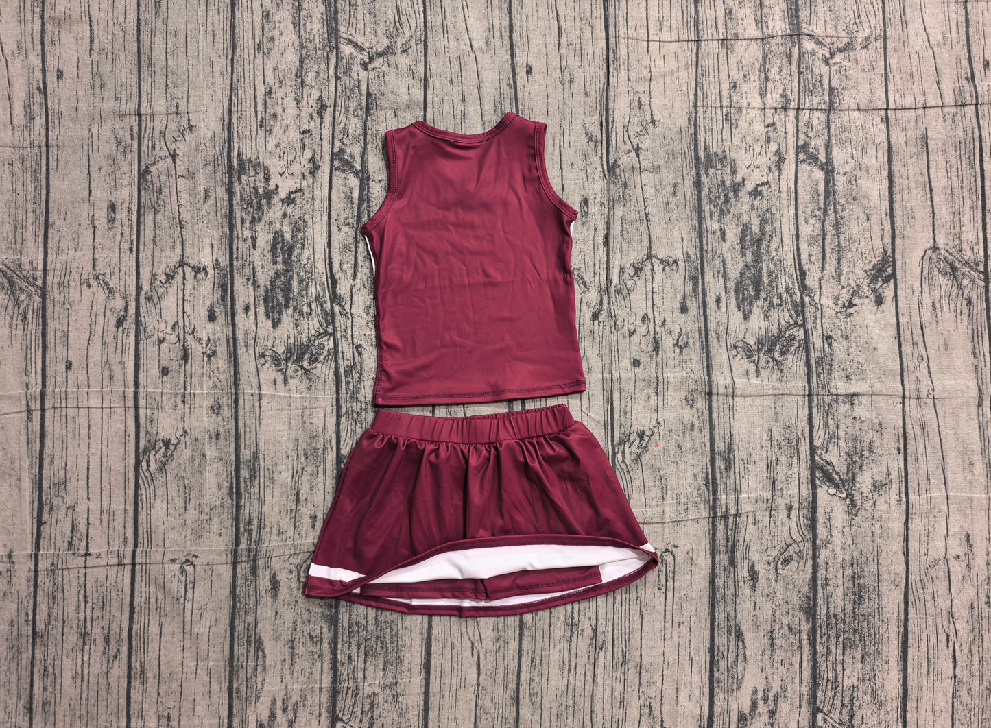 Sleeveless white maroon top skirt girls team cheer active set