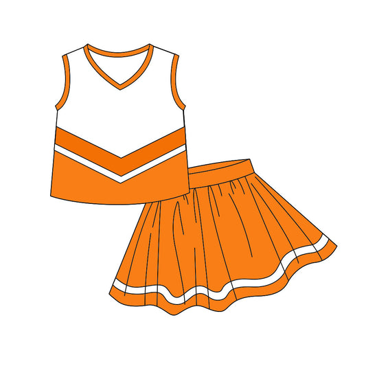 Sleeveless white orange top skirt girls team cheer active set