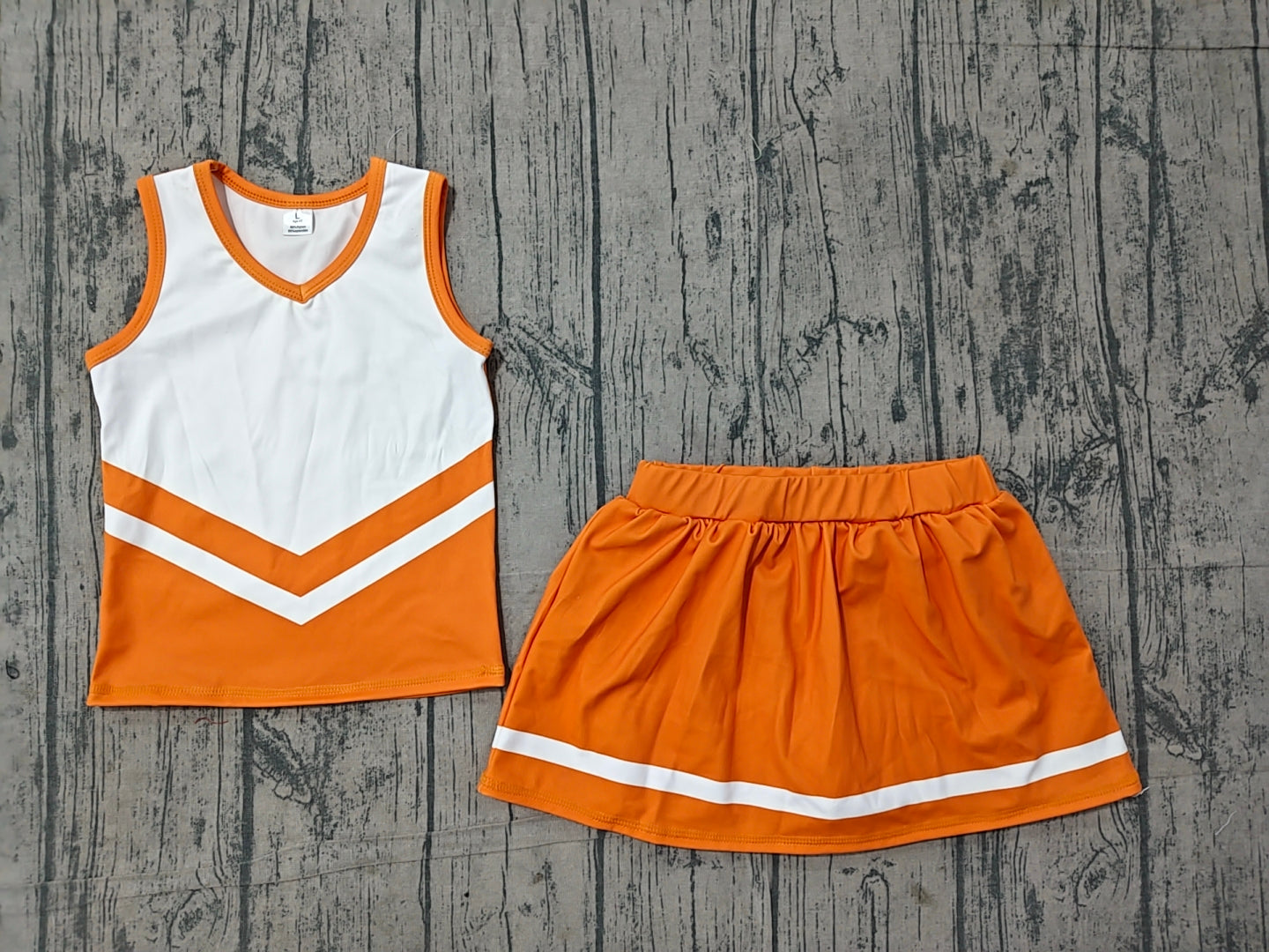 Sleeveless white orange top skirt girls team cheer active set