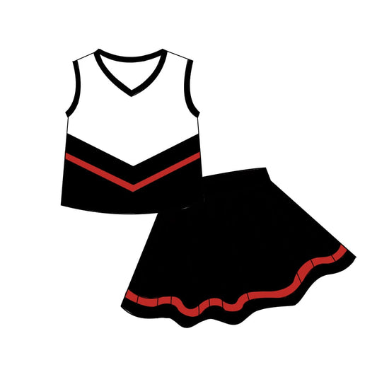 Sleeveless black red top skirt girls team cheer active set