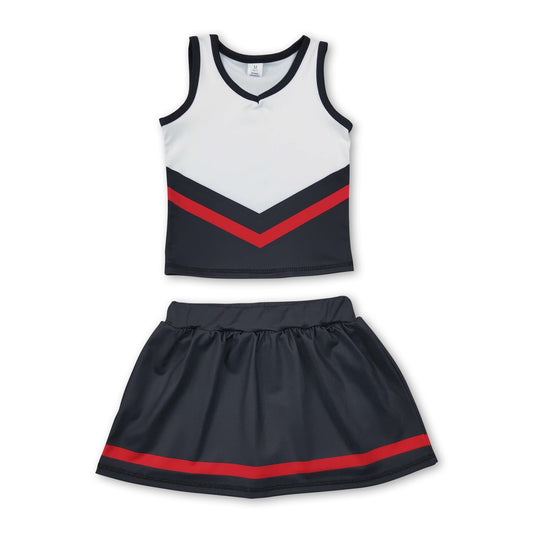 Sleeveless black red top skirt girls team cheer active set
