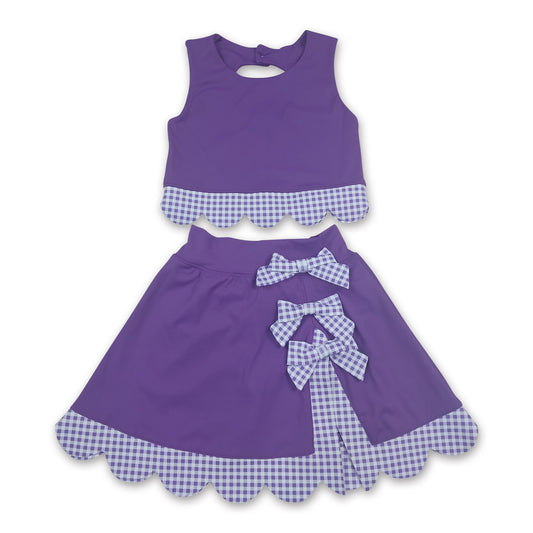 Sleeveless purple top plaid scallop skirt girls active wear set