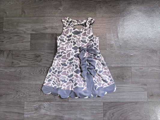 Grey camo bow scallop kids girls summer athletic dresses