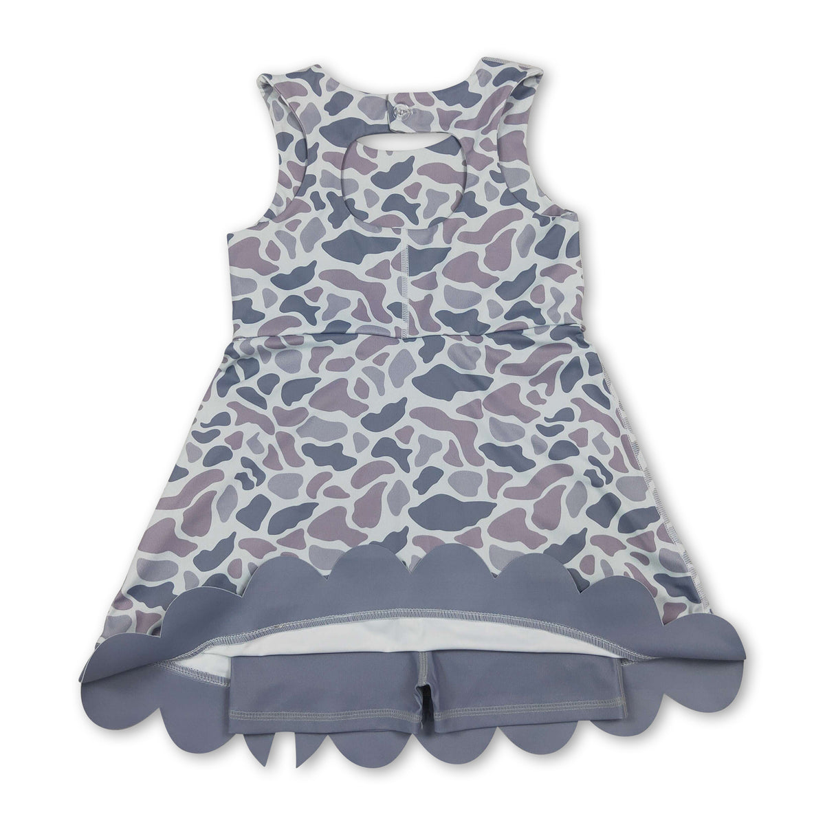 Grey camo bow scallop kids girls summer athletic dresses