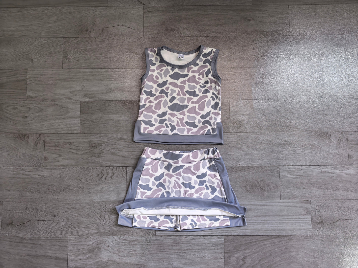 Sleeveless grey camo top skirt girls summer active set