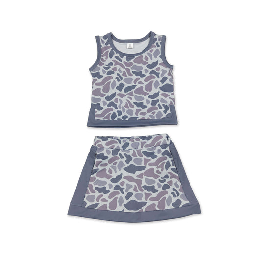 Sleeveless grey camo top skirt girls summer active set