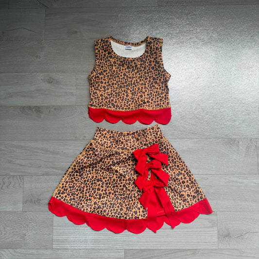 Sleeveless leopard red scallop girls summer active wear set