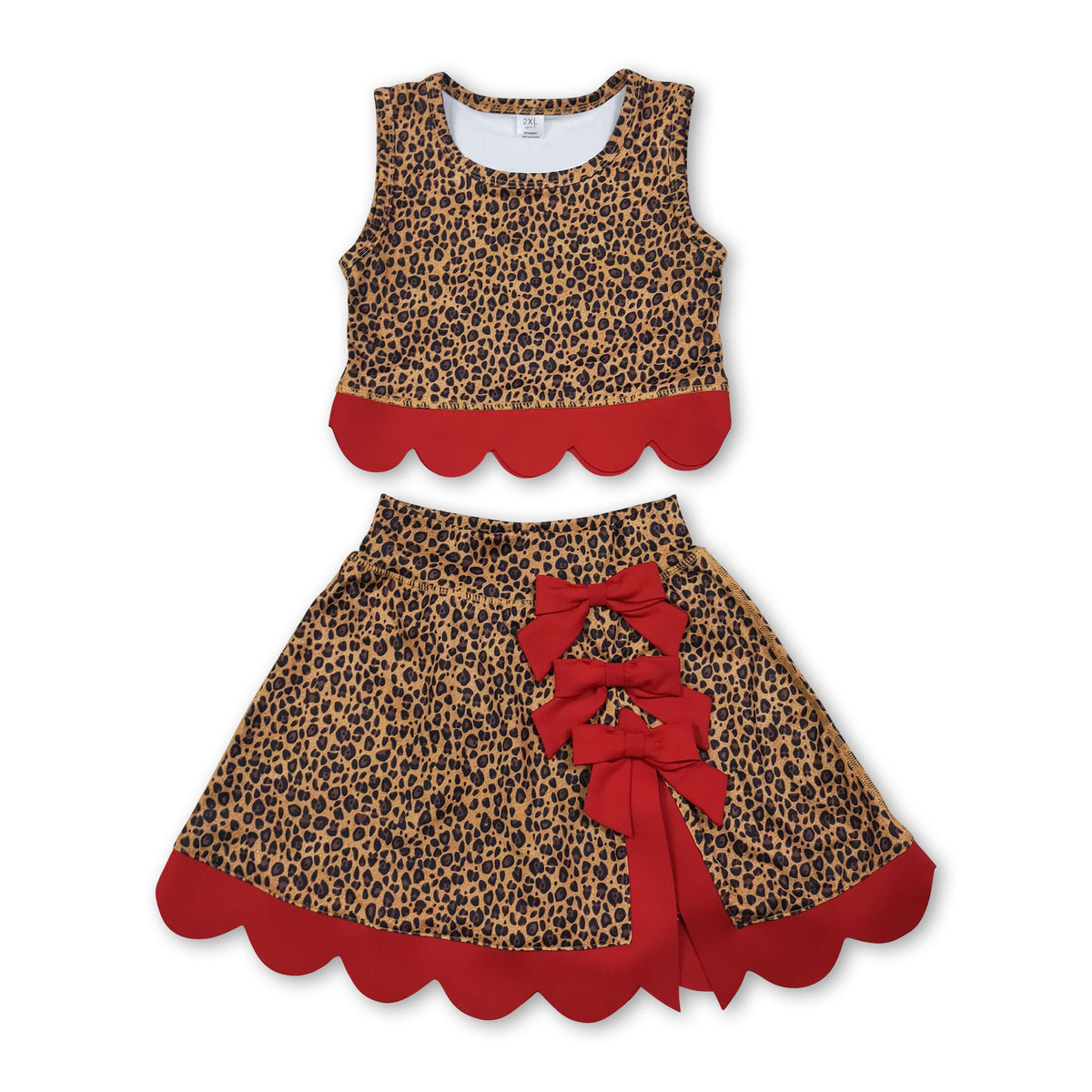Sleeveless leopard red scallop girls summer active wear set