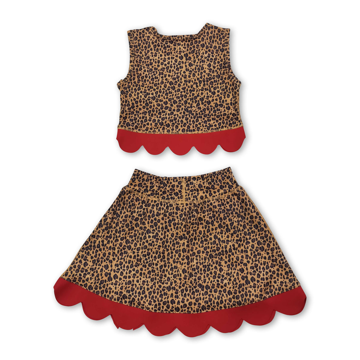 Sleeveless leopard red scallop girls summer active wear set
