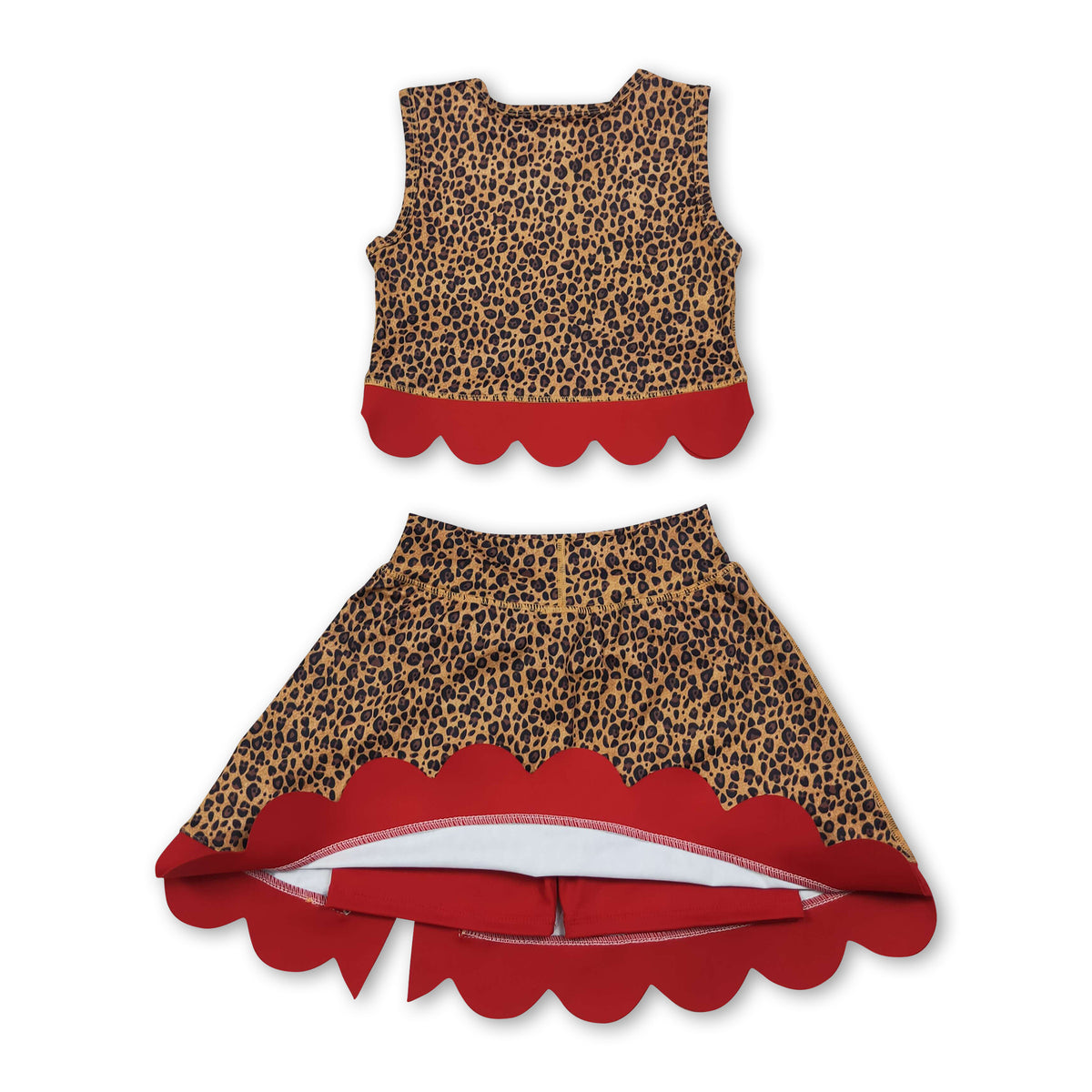 Sleeveless leopard red scallop girls summer active wear set