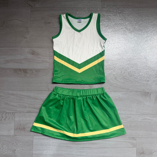 Sleeveless green yellow top skirt girls team cheer active set