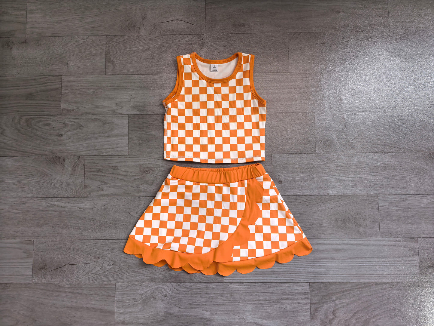 Sleeveless orange plaid scallop girls team active wear set