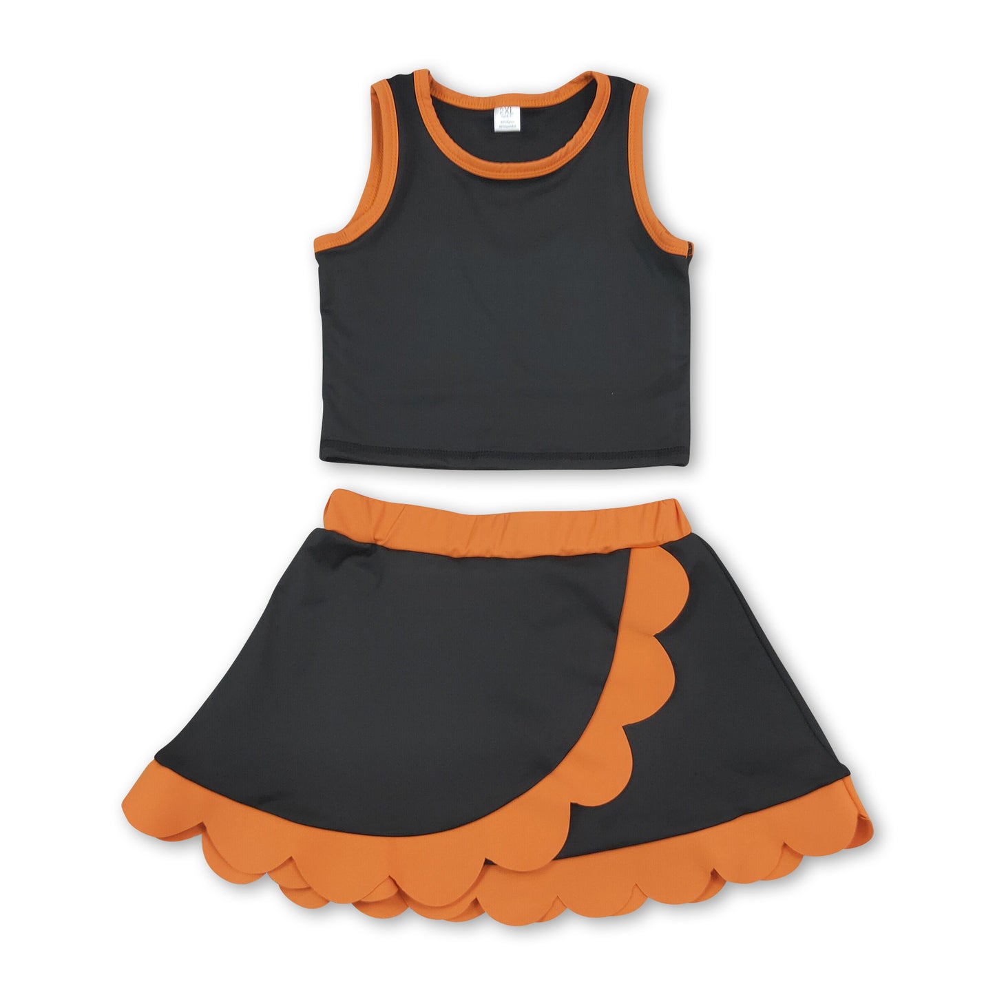 Sleeveless black top orange scallop girls active wear set