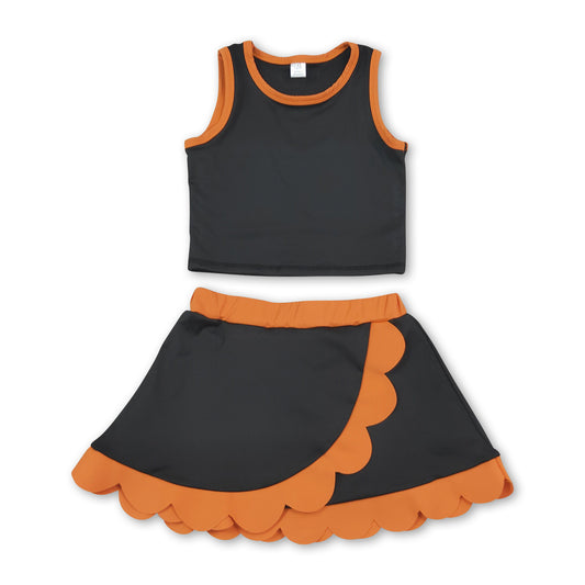 Sleeveless black top orange scallop girls active wear set