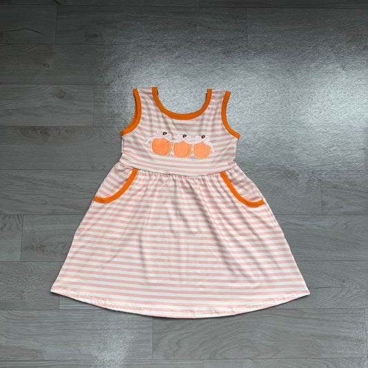 Sleeveless stripe pumpkin bow embroidery girls fall dress