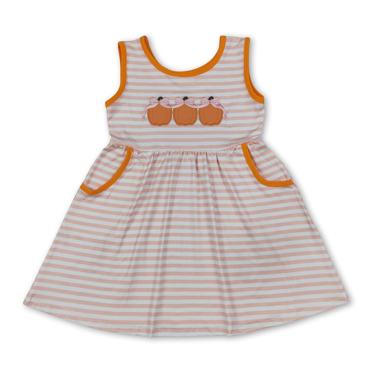 Sleeveless stripe pumpkin bow embroidery girls fall dress