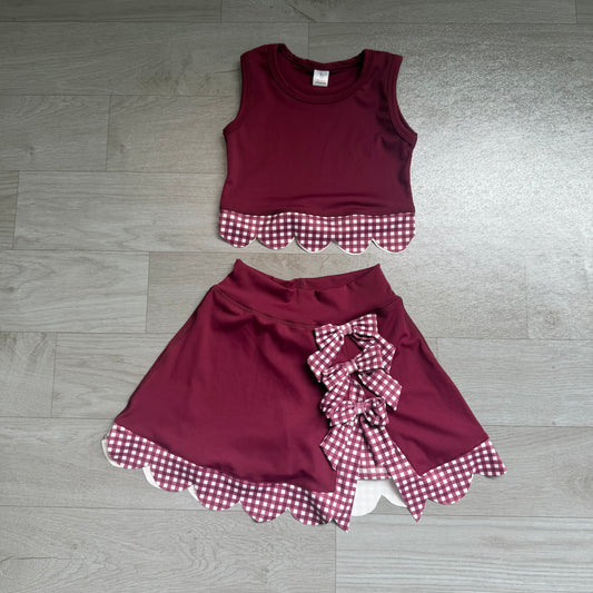 Sleeveless maroon plaid scallop girls summer active wear set