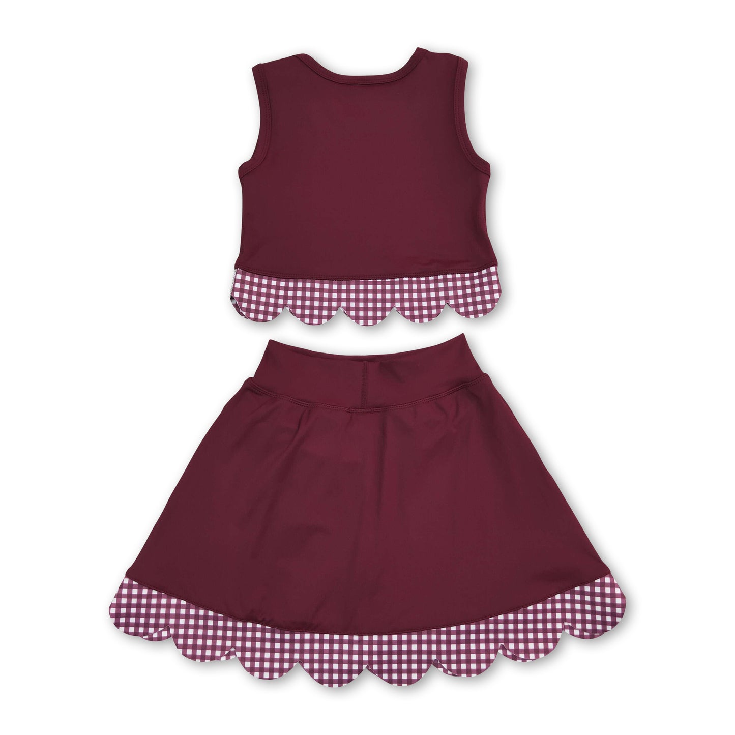 Sleeveless maroon plaid scallop girls summer active wear set