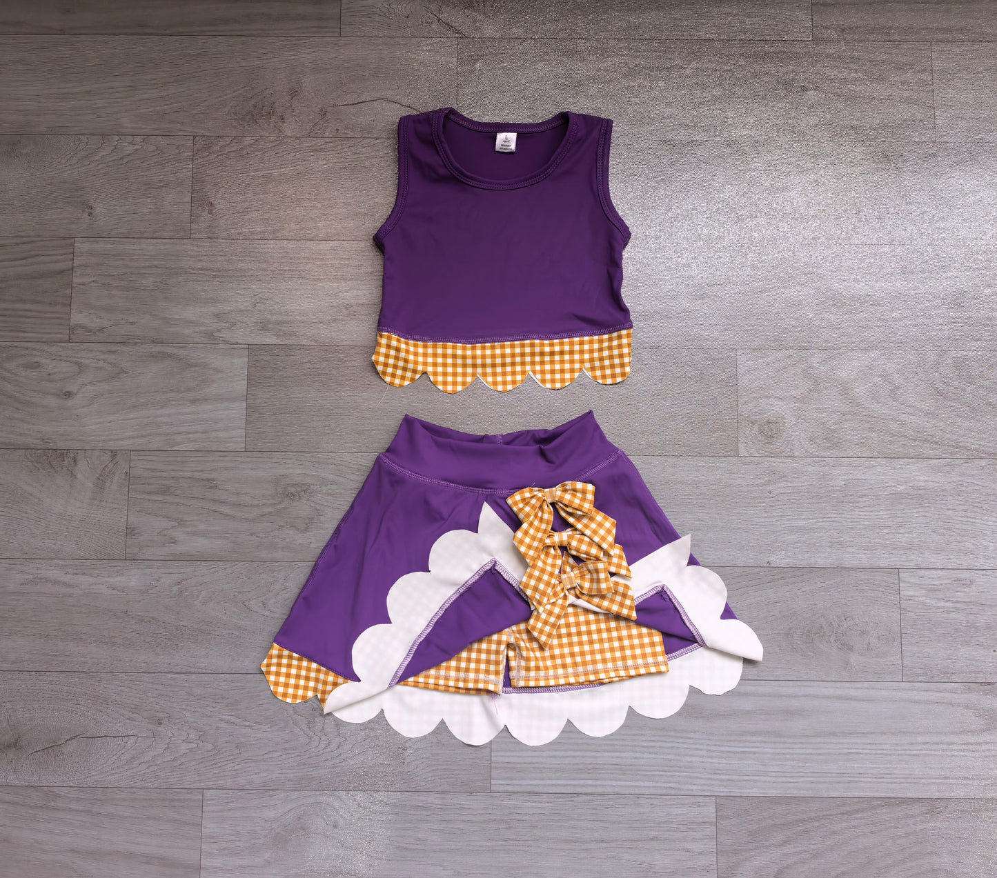 Sleeveless plaid scallop purple girls summer active wear set