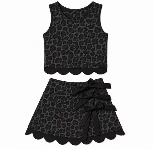 Sleeveless black leopard scallop top skirt girls active set