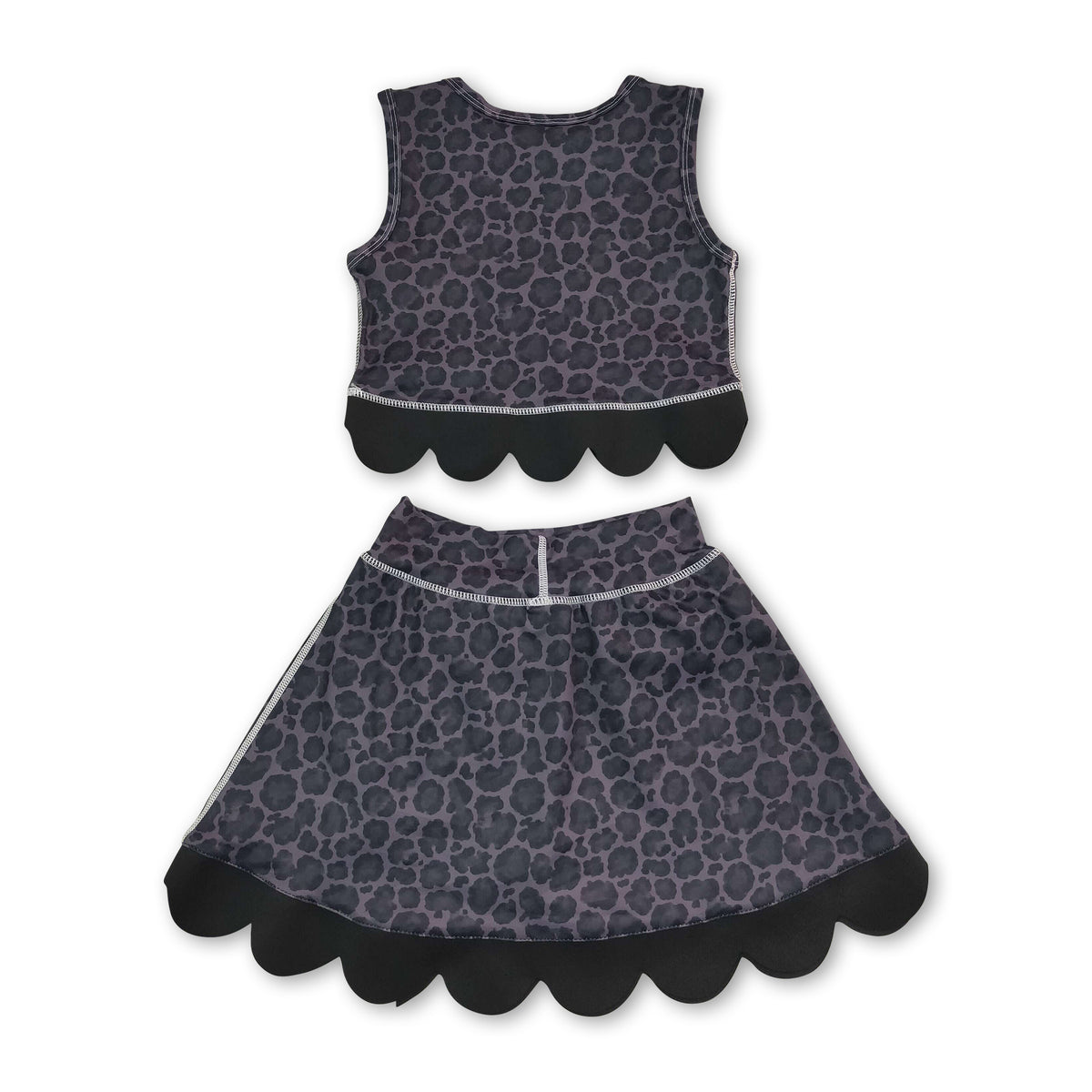 Sleeveless black leopard scallop top skirt girls active set