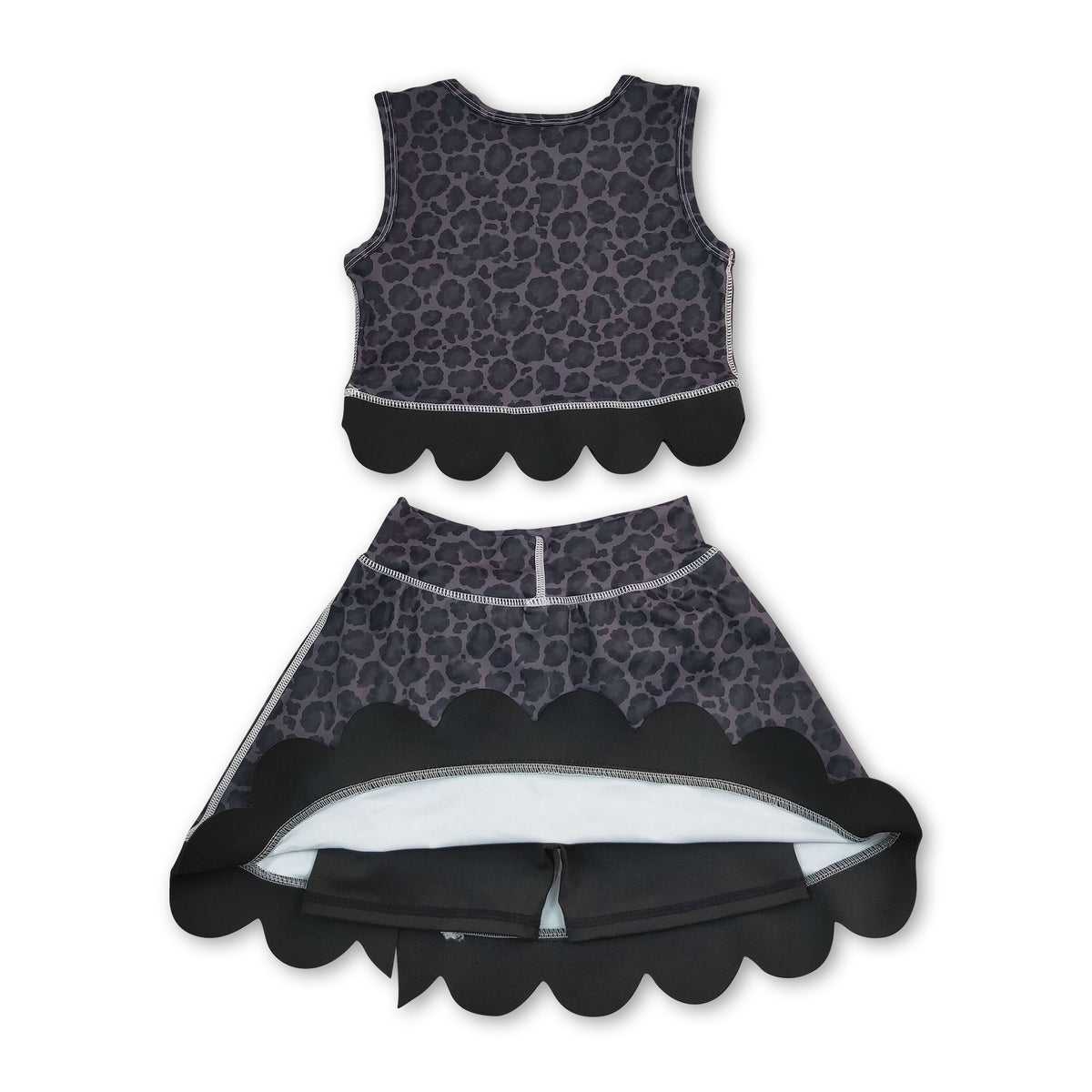Sleeveless black leopard scallop top skirt girls active set