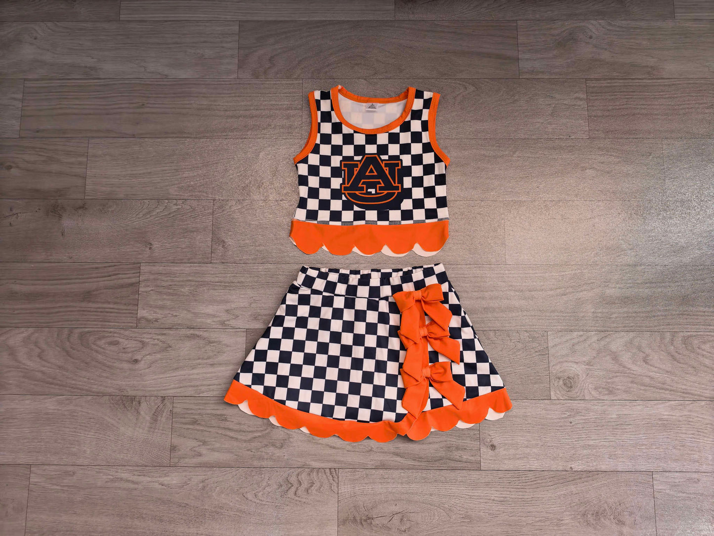 Sleeveless plaid A U scallop girls team active wear set
