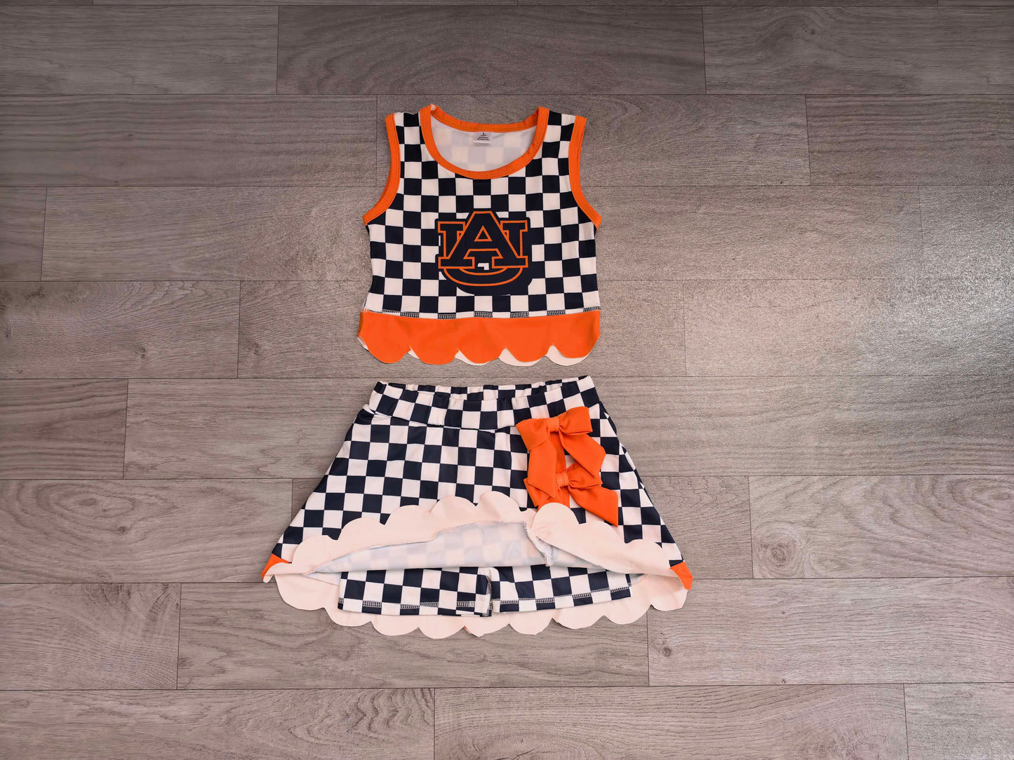Sleeveless plaid A U scallop girls team active wear set