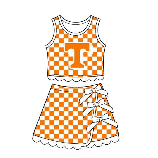 Sleeveless orange T plaid scallop girls team active wear set