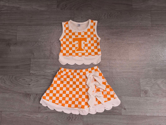 Sleeveless orange T plaid scallop girls team active wear set