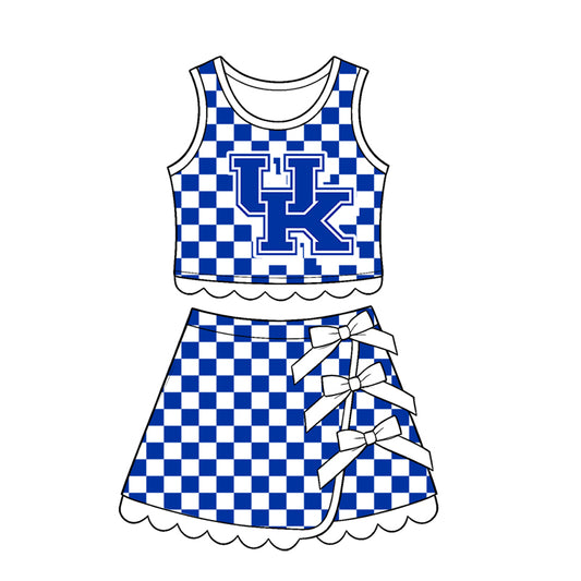 Sleeveless blue U K plaid scallop girls team active wear set