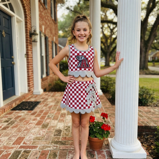 Sleeveless elephant plaid scallop girls team active wear set