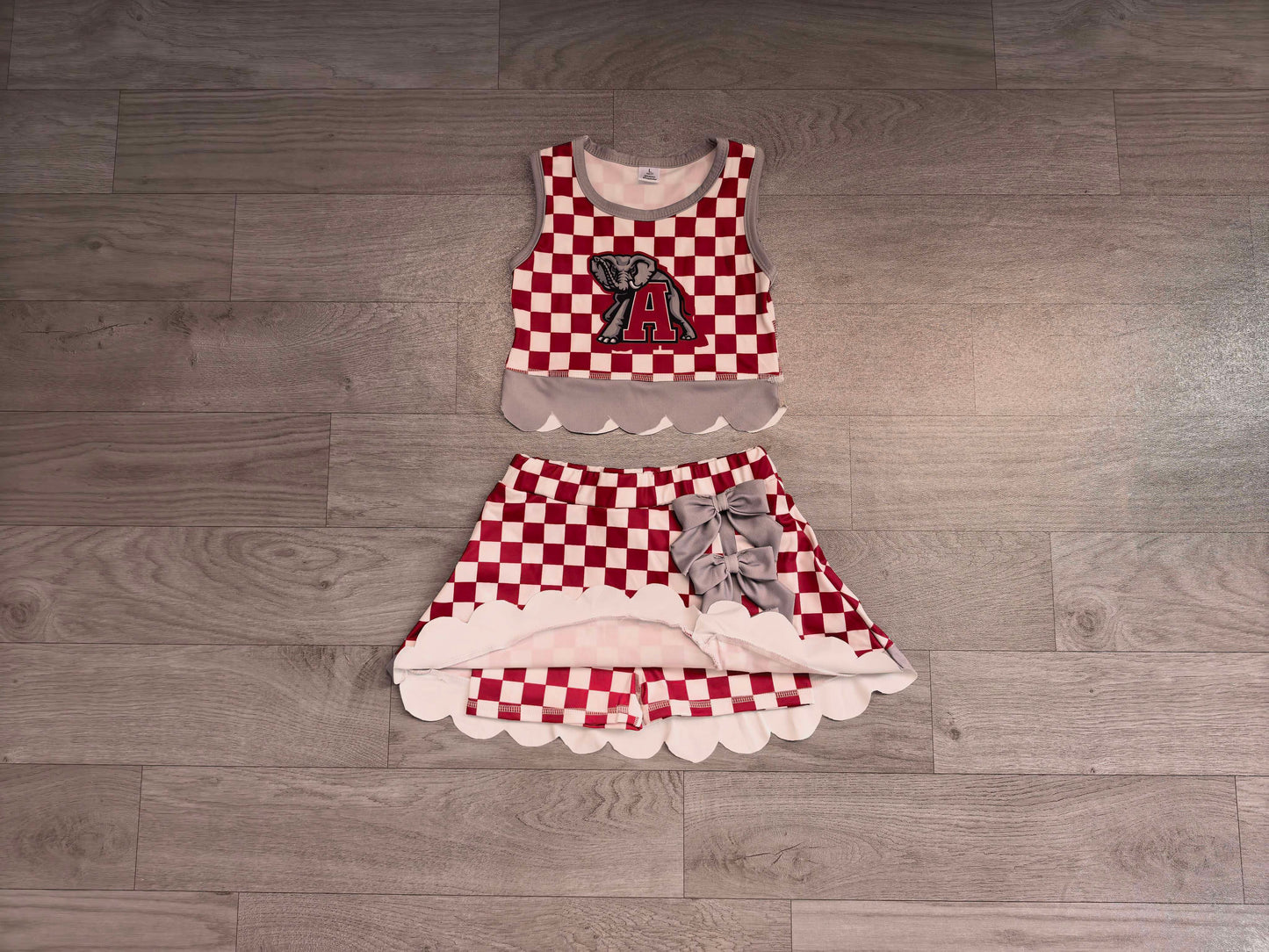 Sleeveless elephant plaid scallop girls team active wear set