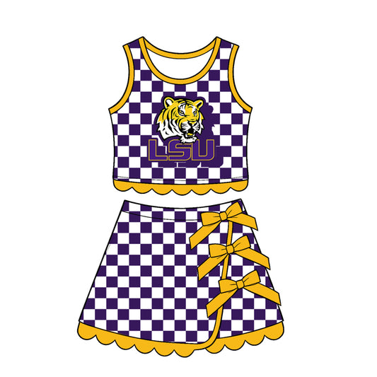 Sleeveless tiger purple plaid scallop girls team active wear set