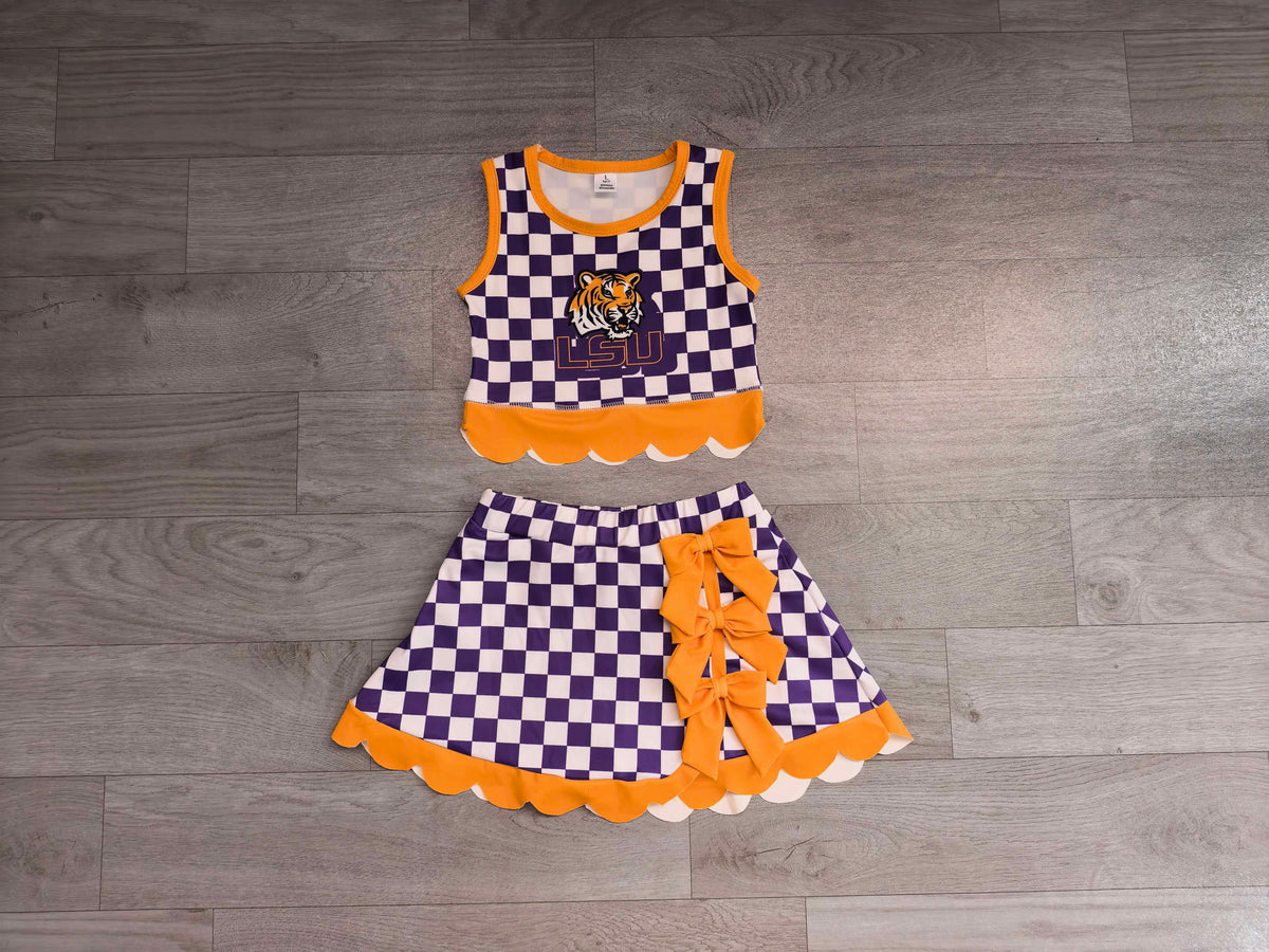 Sleeveless tiger purple plaid scallop girls team active wear set