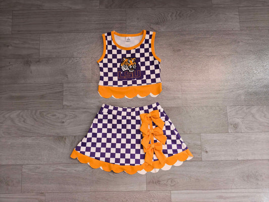 Sleeveless tiger purple plaid scallop girls team active wear set