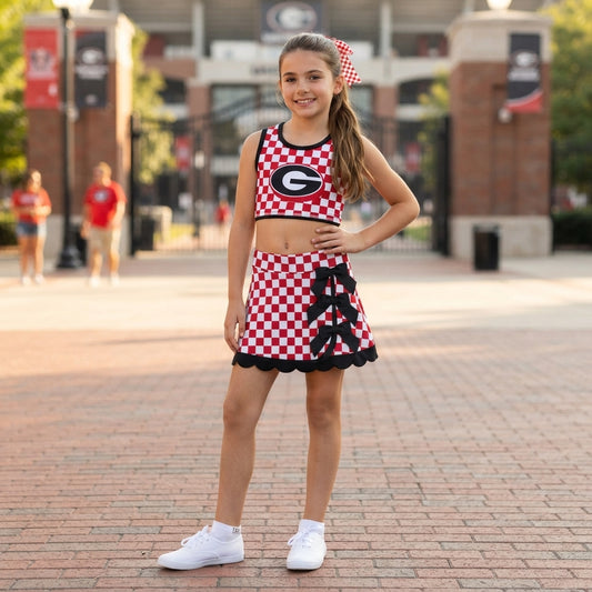 Sleeveless red G plaid scallop girls team active wear set