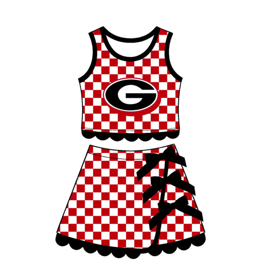 Sleeveless red G plaid scallop girls team active wear set