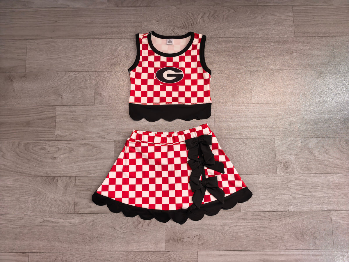 Sleeveless red G plaid scallop girls team active wear set